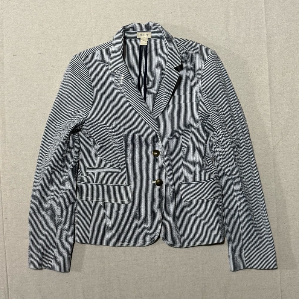 J Crew Seersucker Blazer White Pinstripe Button Up Blazer